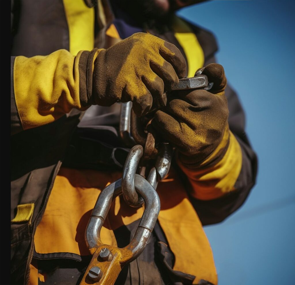 A person in gloves and safety goggles carefully reading instructions next to a rented power tool outdoors.