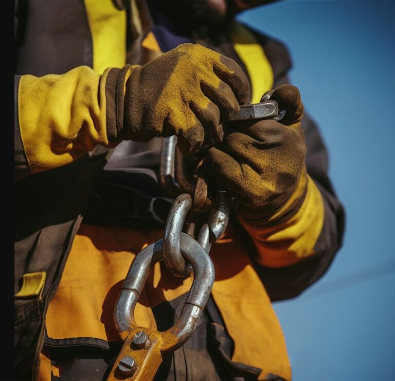 A person in gloves and safety goggles carefully reading instructions next to a rented power tool outdoors.